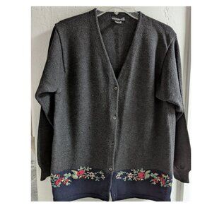 Banana Republic Charcoal Gray V-Neck Cardigan Beaded/Flowered Border M